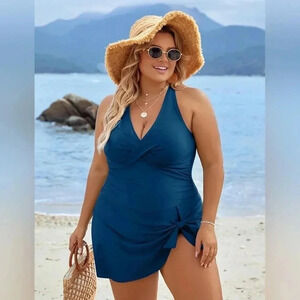Blooming Jelly Large (10) Swim Dress Swimsuit One Piece Tummy‎ Control Blue NWT